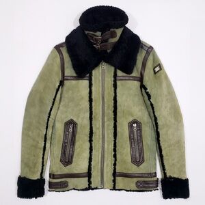 Diesel LENCANG Shearling Leather Jacket Green Large SheepSkin Coat POOR CONDITIO
